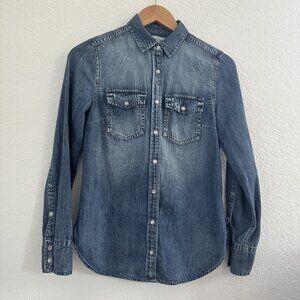 J Crew Shirt‎ Womens 0 Blue Denim Western Pearl Snap L/S Cowgirl Rodeo G1394